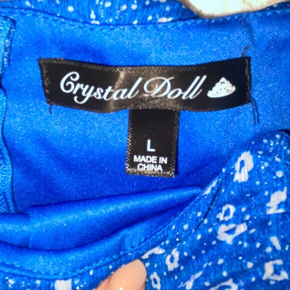 Crystal Doll Blue White Floral Minidress Off the Shoulder Short Sleeves Size L - Picture 4 of 8